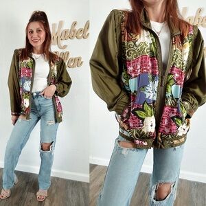 Vintage 70’s EVR Floral green Patchwork Bomber Jacket size medium